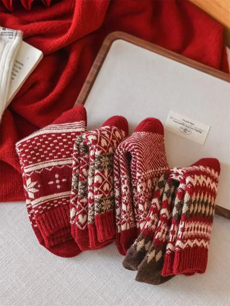 

Red thick ladies' mid calf socks for Christmas, sleep socks, fashionable and versatile, back to school season and New Year.