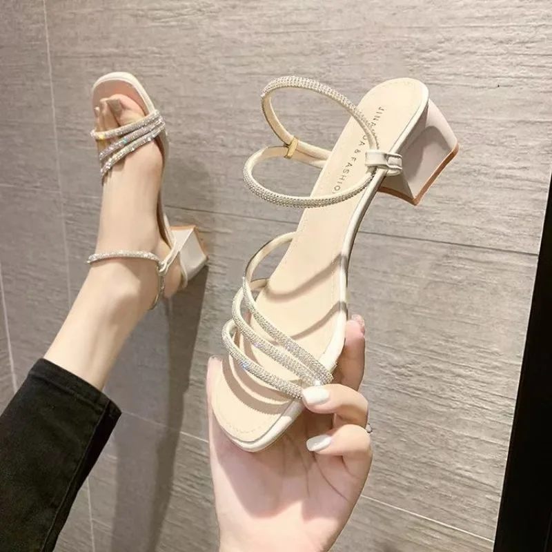 Fairy Style Rhinestone Thick Heel Sandals Women's Summer Versatile Square Head Skirt One Strap Two Wear Slip-On Shoes view 5