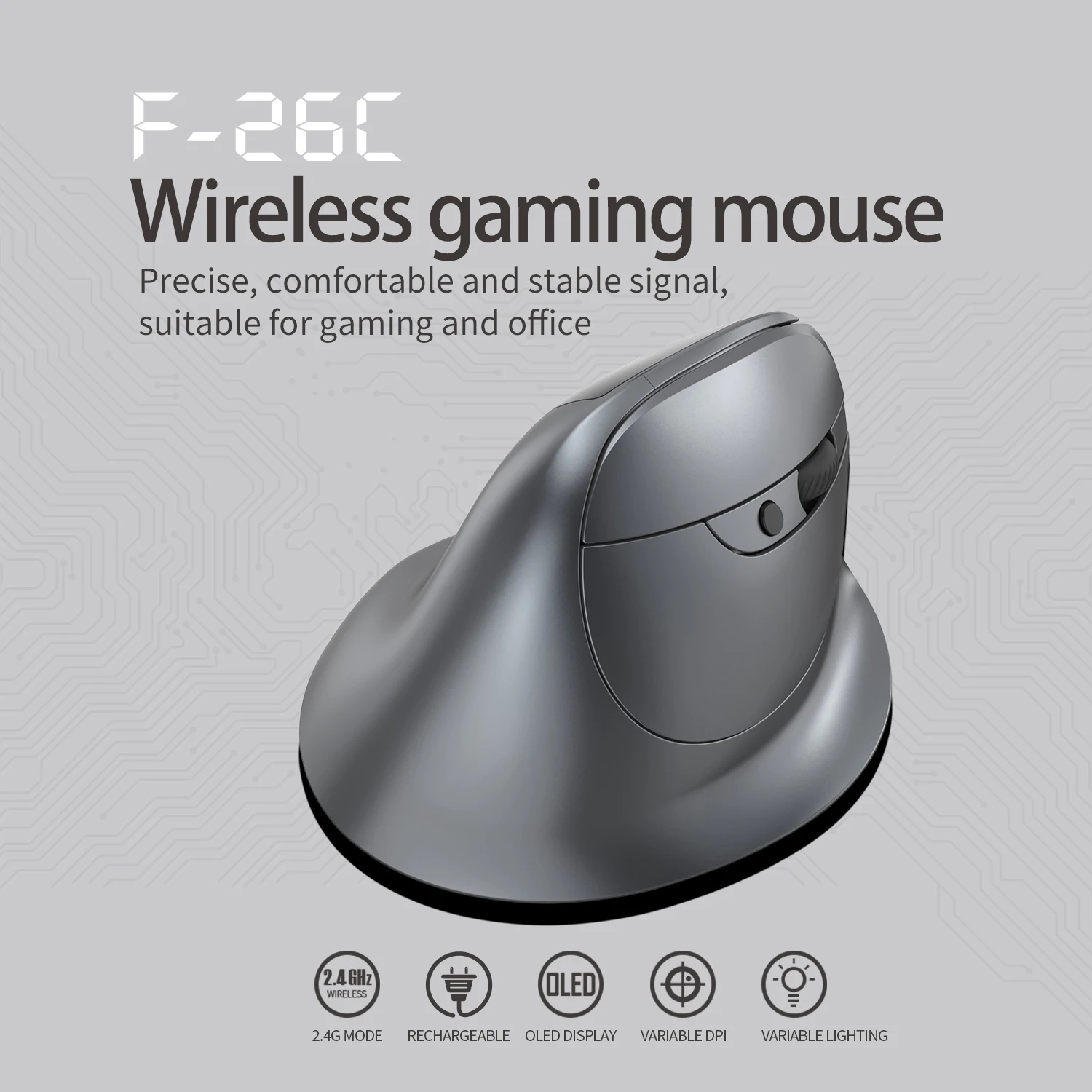 F-26C Ergonomic Vertical Wireless Mouse with LED Screen, 3200 DPI, Rechargeable, 2.4G, RGB Light, for PC Laptop Office Gaming