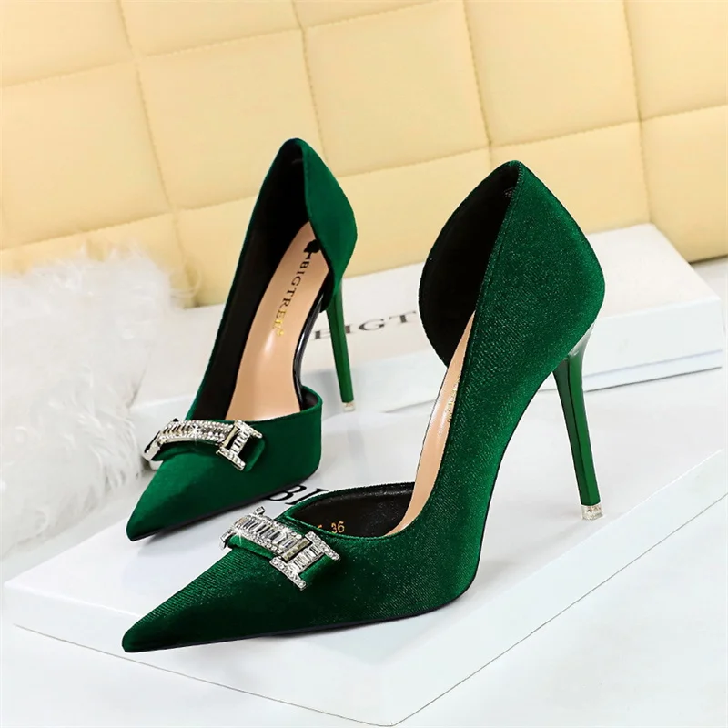 

Rhinestone Buckle Women Heels Spring New Suede Pumps Shallow Mouth Pointed Side Hollow High Heel Stilettos Luxury Party Shoes