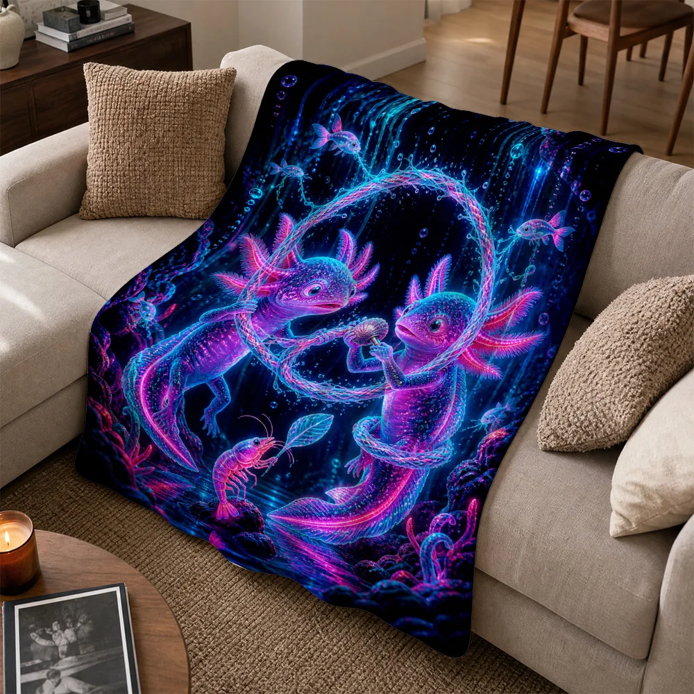 Mystical Neon Glow Deep Sea Fantasy Throw Blanket for Sofa Couch Decor Bioluminescent Dragon Ocean Pattern Cozy Fleece Knit Thro