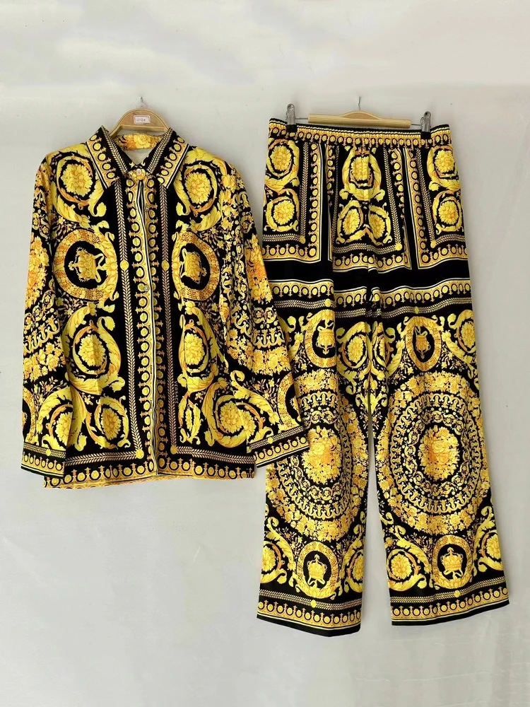 Retro Geometric Print Lapel Straight Leg Shirt 2 piece Set For 2027 Spring Men's Clothing+loose Wide Leg Pants Fashion Set