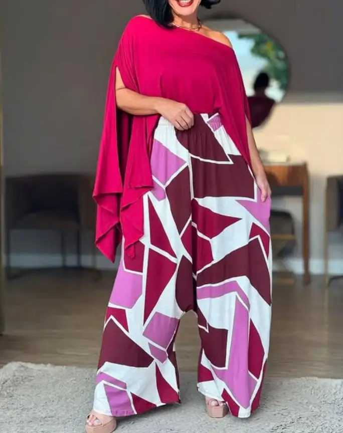 

2-Piece Set of Cold Shoulder Bat Sleeve Slit Top and Printed Elastic Casual Wide Leg Pants Set (Without Belt)
