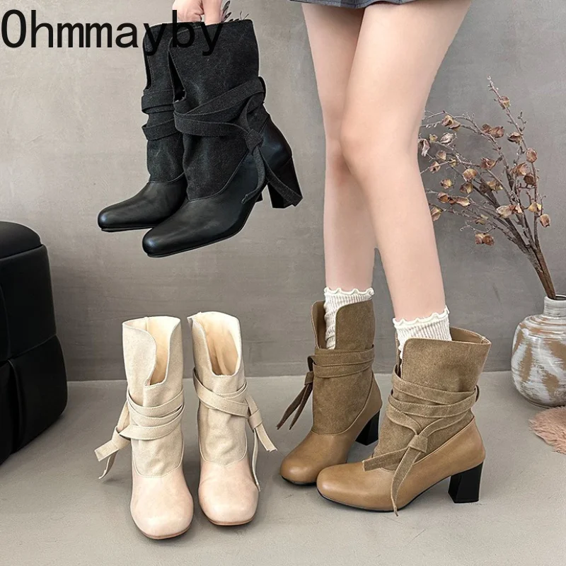 New Women Round Toe Ankle Boots Wrap Strap Square Heel Shoes Autumn Winter Daily Dress Ladies Mordern Short Booties