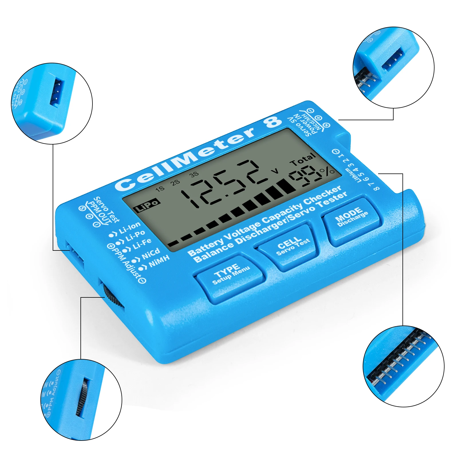 Digital Battery Tester LiPo LiFe Li-ion NiCd NiMH Battery Voltage Check Detector CellMeter-8 Capacitance Diagnostic Tool