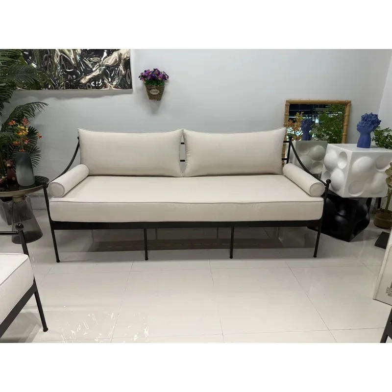 Modern simple 304 stainless steel frame beige waterproof fabric three-seater outdoor sofa courtyard terrace villa garden