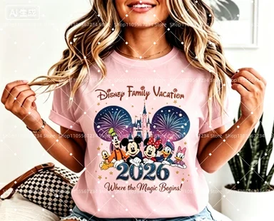 Family Vacation Matching T-shirt, 2026 Castle Fireworks Cartoon Friends Print,Cotton Tee for Whole Family Park Trip Activities