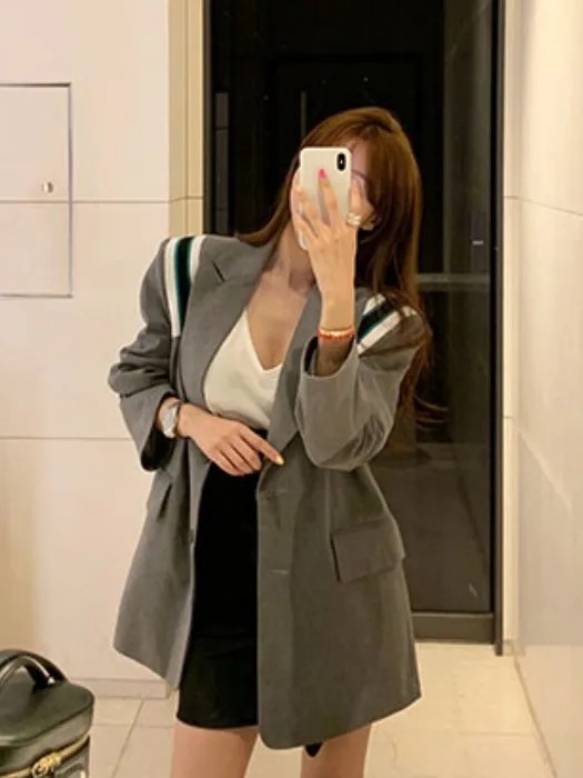 Sli Koreaanse Sle Dames Jaet Herfst Winter Faionable Ele Boyfriend Sle Suit Top Woon-werkverkeer