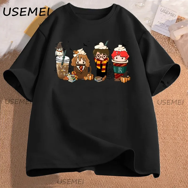 Cute Coffee Characters T-Shirt Women Men Aesthetic Tee Pumpkin Fall T Shirt Cotton Short Sleeve  Aesthetic High Quality Tees