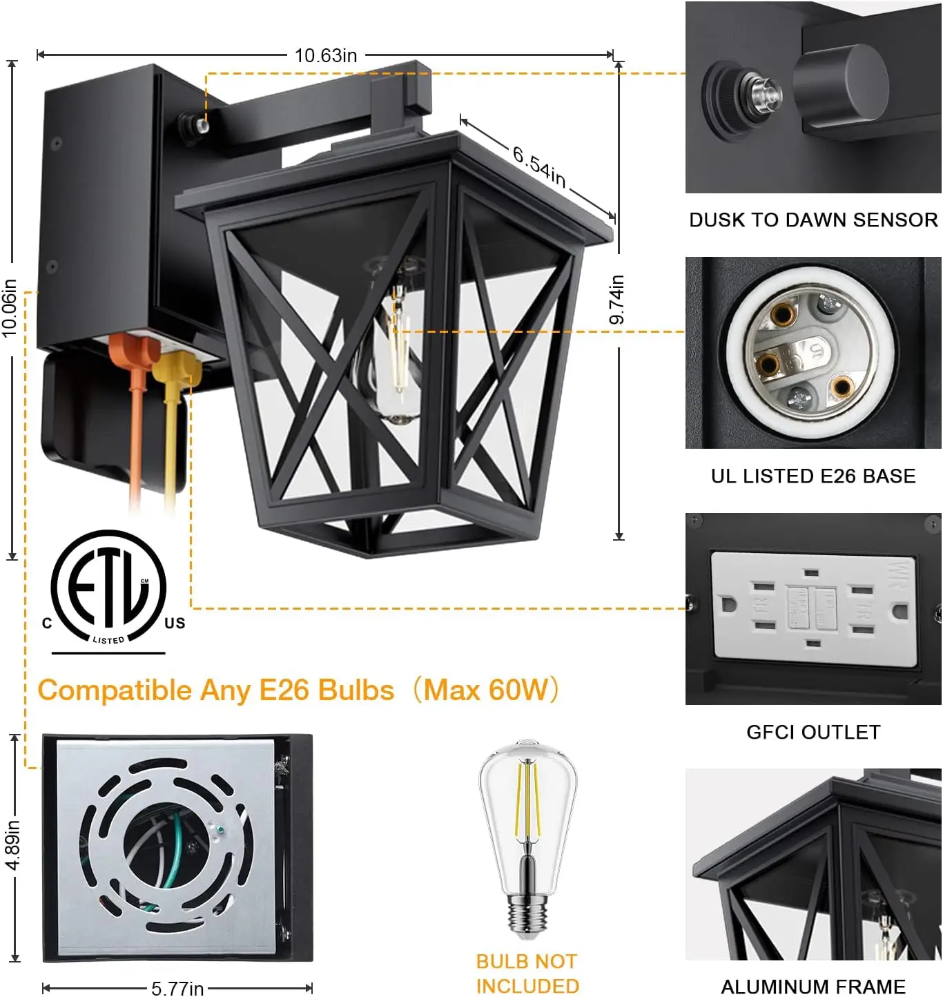 أضواء خارجية من الغسق إلى الفجر مع مقابس مدمجة، وأضواء خارجية من الألومنيوم مقاومة للماء والصدأ مع مقابس GFCI