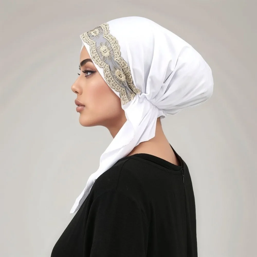 Fashion Elegant Instant Hijab Lace Embroidery Elastic Tie Back Islamic Turban Golden Stripes Undercap for Women
