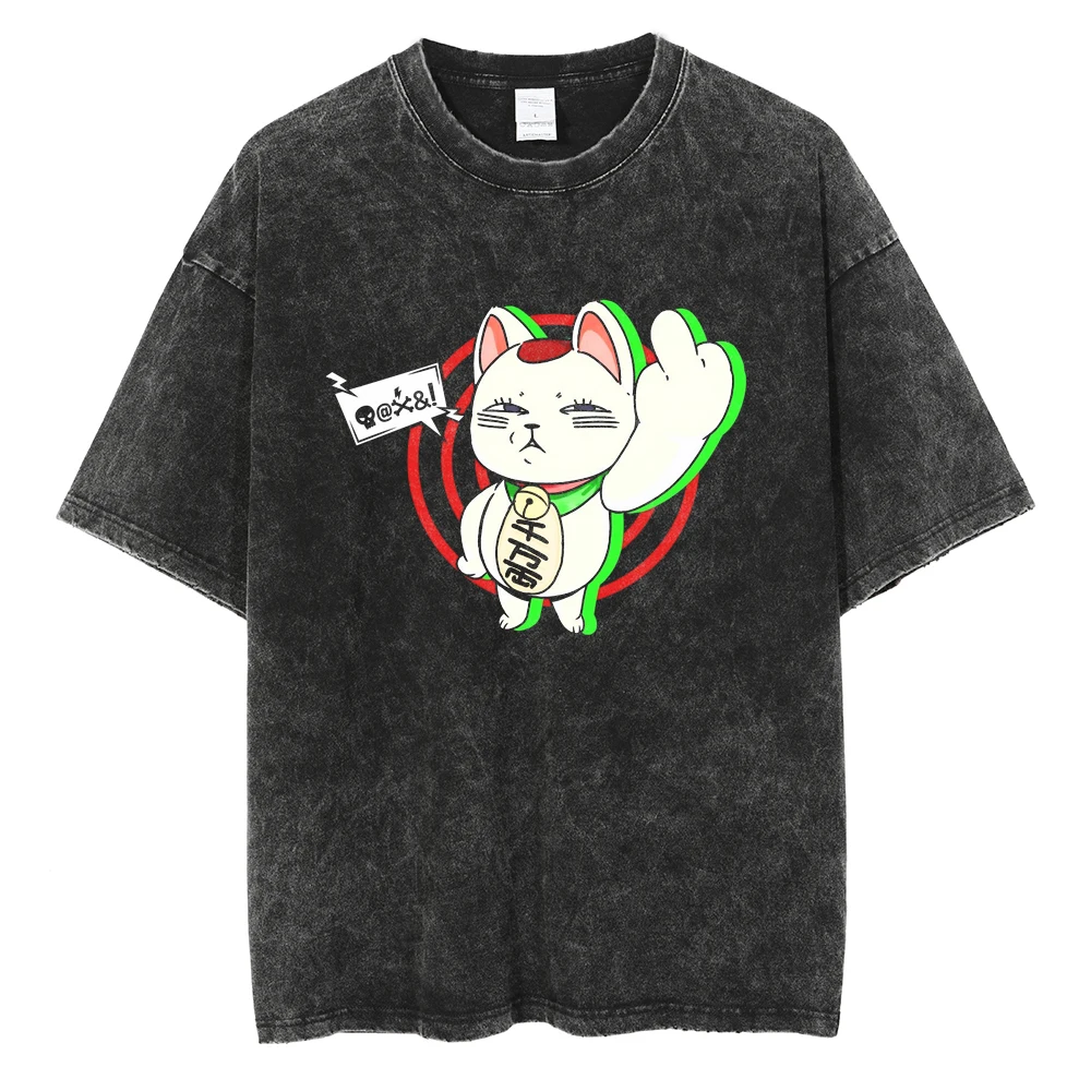 

Dandadan Turbo Granny Maneki-neko Middle Finger Acid Wash Oversized Black T-Shirt 2026 Summer Streetwear Anime Graphic Tee