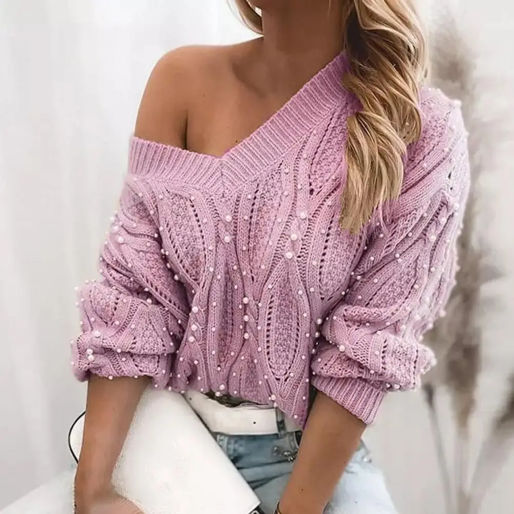 Classic Knitted Sweater  Thickened Skin-Touch Sweater Jumper  Female Elegant Beaded Knitted Sweater Top