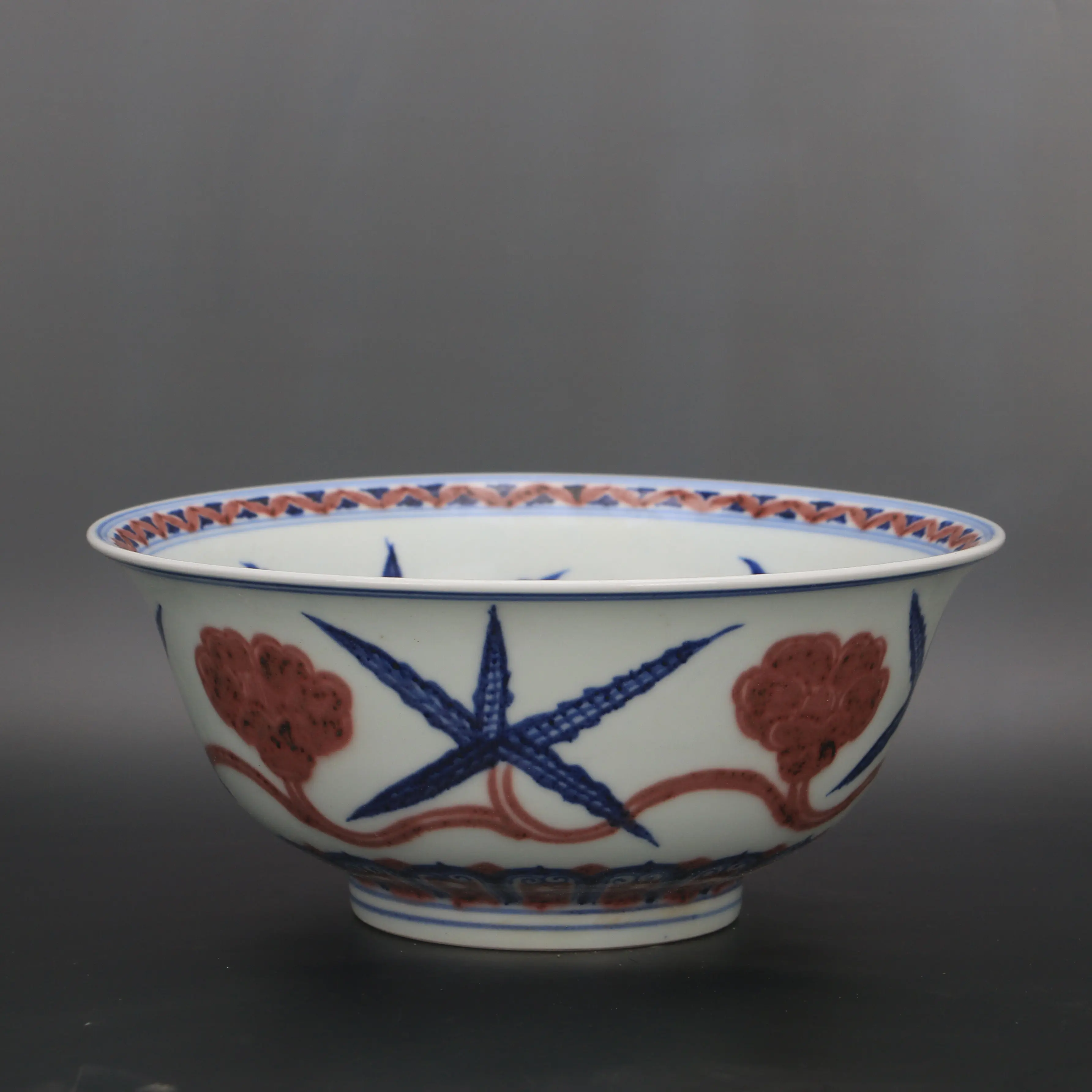 Ming Dynasty Xuande Style Large Blue White Underglaze Red Scroll Arhat Bowl Chinese Ceramic Home Decor
