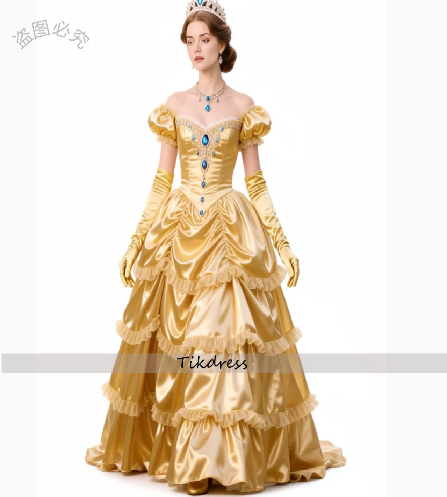 Suknia wieczorowa w stylu elżbietańskim, złota, średniowieczna, z krótkim rękawem, warstwowa, koronkowa, wiktoriańska, renesansowa, na bal, kostium na imprezę, 2026