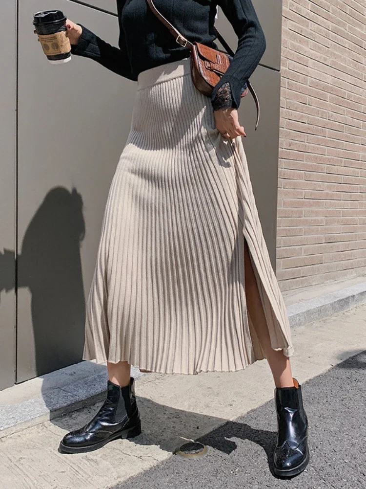 

Long Skirts for Women Fashion 2024 High Waisted Pit Stripe Thickening Skirts for Women Solid Winter New Slit Black Skirt Z581