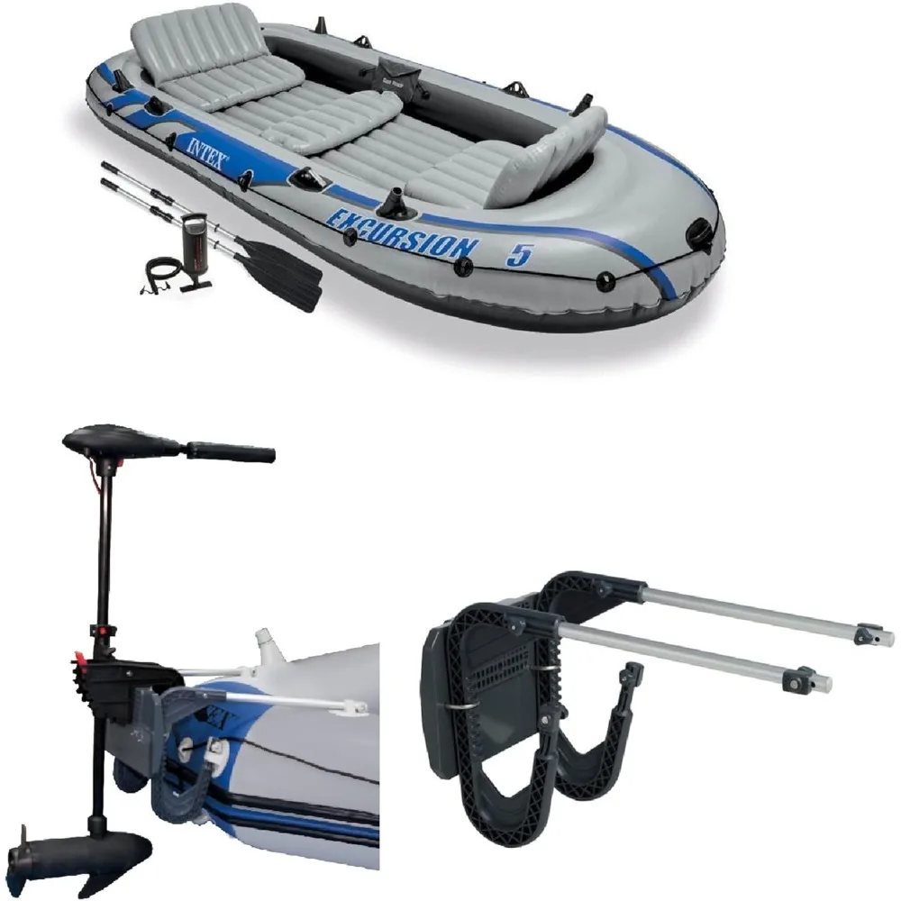 Excursion 5 Person Inflatable Boat Set with 2 Aluminum Oars and Pump 12V Transom Mount Boat Trolling Motor, and