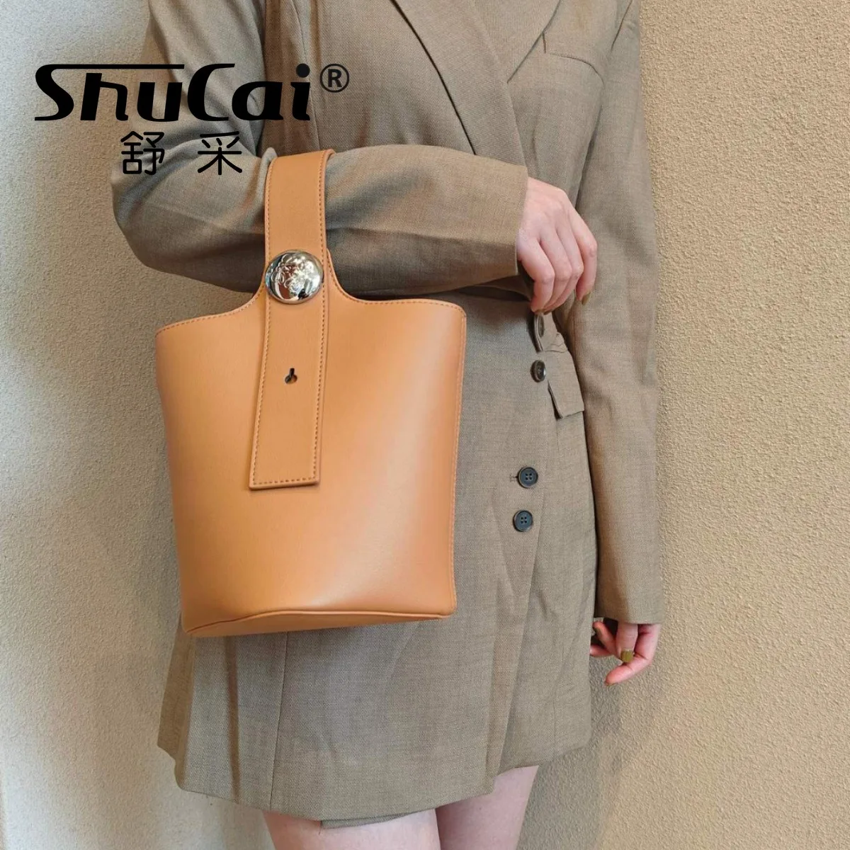 

Cowhide Texture Bucket Bag Fashion Trend Balloon Girls Bag Single Shoulder Crossbody Sub Bag