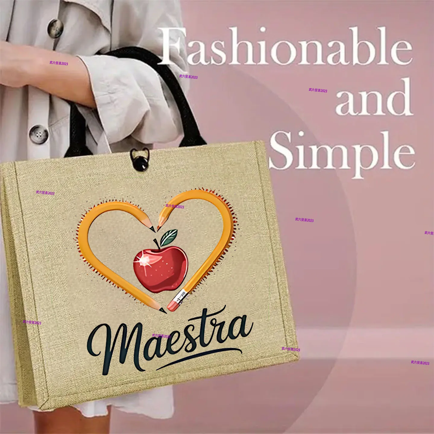 Maestra Apple Pencil Heart Print Linen Tote Bag Reusable Shopping Bag Teacher Gift Portable Handbag Grocery Storage Shoulder Bag