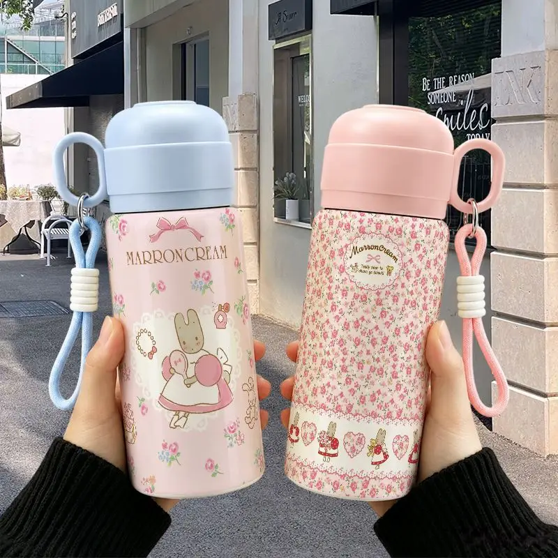 Cute Marron Cream Thermos Cup Japanese Anime Cartoon Rabbit Double Lid Heat and Cold Preservation Straw Water Cup Friend's Gift