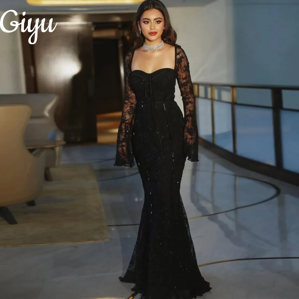 Giyu Elegante Zwarte Zeemeermin Kanten Avondjurk Lange Mouw Sweetheart 2025 فسات Mohamed 1914 Formele Feestjurk Customsied
