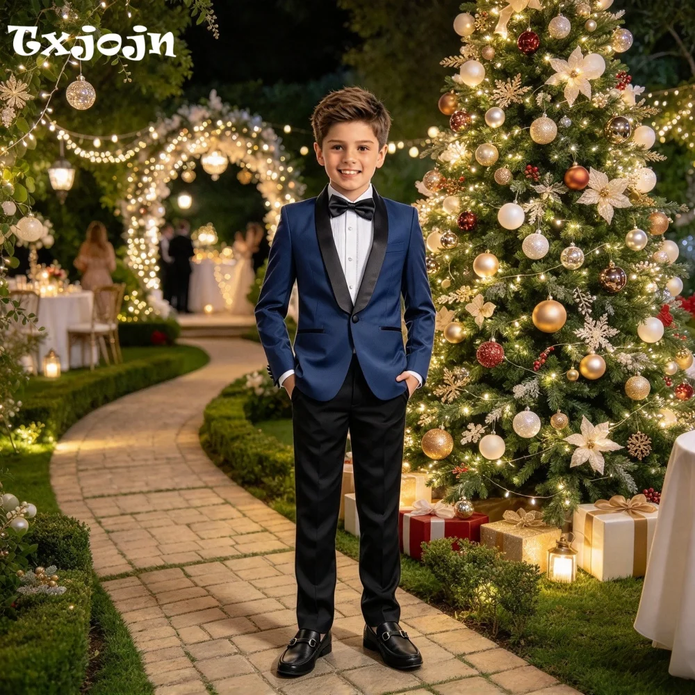 Formal Boys Suit Classic Tailored Wedding Tuxedos 2-piece Set Trend Satin Collar Single Button Blazer Pants for Christmas Party