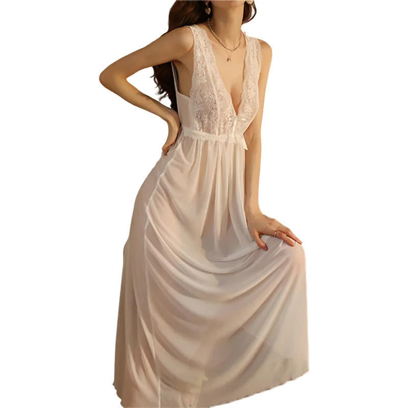 

ASDS-Women's Temperament Elegant V-Neck Sleeveless Mesh Lace Lace Wide Suspender Long Skirt Nightdress