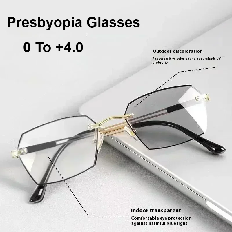 Neue rahmenlose Business-Lesebrille, photochrome hochauflösende Anti-Blaulicht- und Anti-Ermüdungs-Presbyopie-Brille für Herren