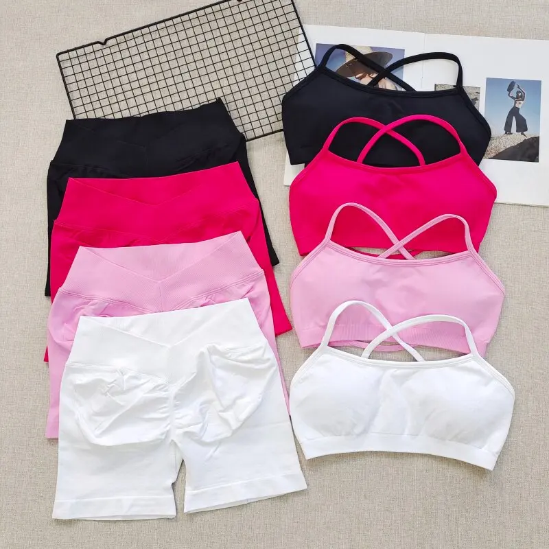 Women's Seamless Quick Dry Fitness Set Sports Bra And Hip Lifting V-Waist Yoga Shorts Pilates Training Clothing Gym Set