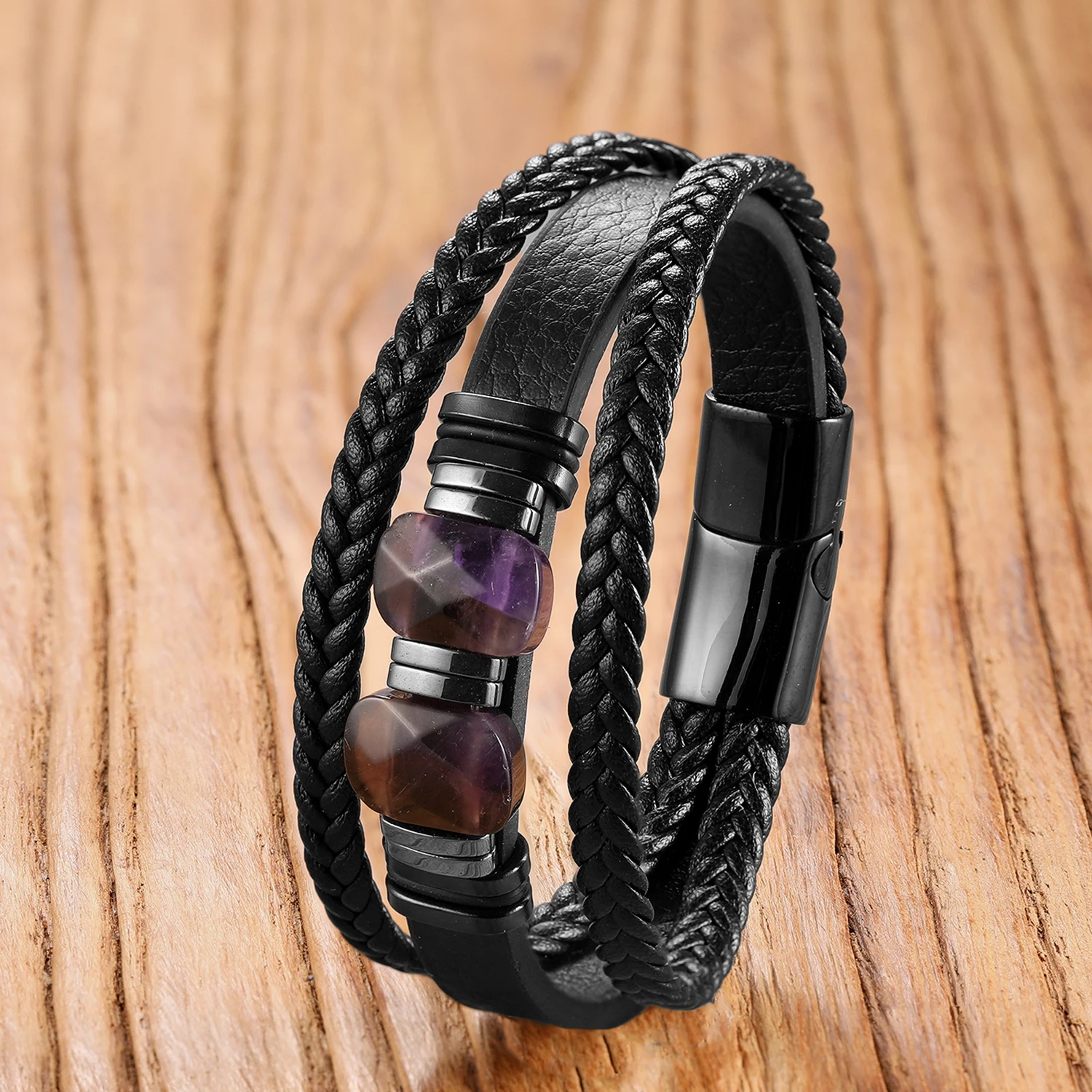 Fashion Men's Leather Bracelet Black Onyx Stone Personalized Stainless Steel Bracelet Boyfriend Gift Birthday