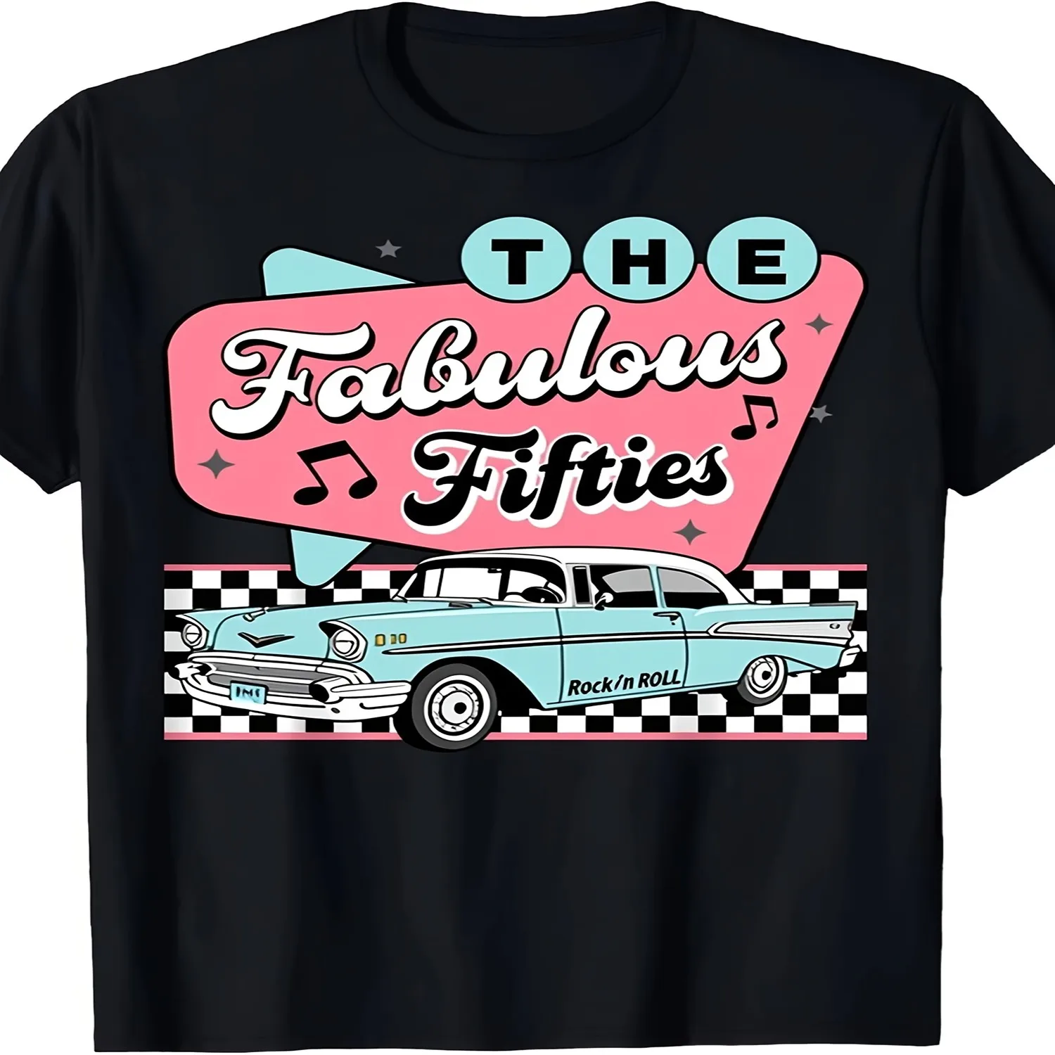 Men's Women's Vintage 1950s Retro T-Shirt - Soft Breathable Pure 50s Classic Car Music Notes Print Tee, Unisex Crewneck Short Sleeve Shirt for 50s Themed Parties, Casual Wear Everyday Outfits Funny Shirt, Cute Tee,