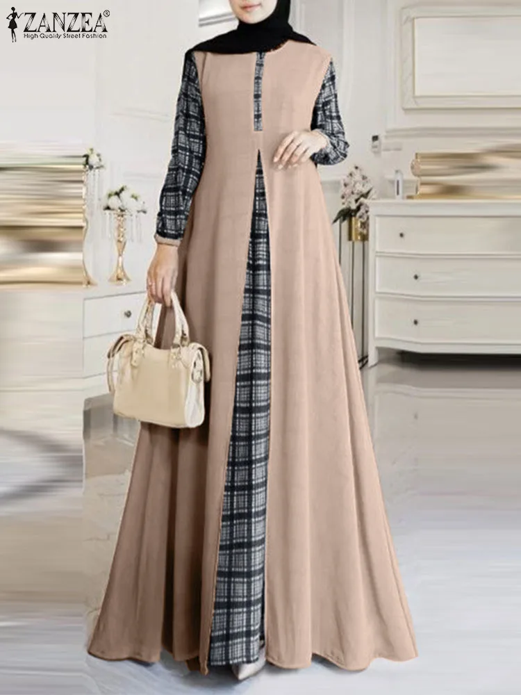 

Women Patchwork Maxi Dress Muslim Abaya Robe Femme ZANZEA Spring Long Sleeve Maxi Sundress Plaid Checked Vestidos IsIamic Cloth