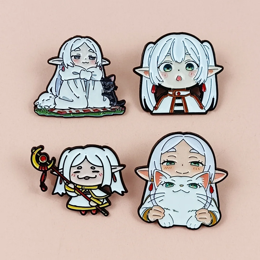 4pcs/set White Hair Girl Enamel Pins Anime Metal Brooch Backpack Collar Lapel Badges Men Women Fashion Jewelry Collection Gift