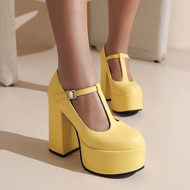 

2023 High Waterproof Platform T-Tie Open Instep Rhinestone Buckle Show Women's High Heels Ultra-High Thick Heels Pumps