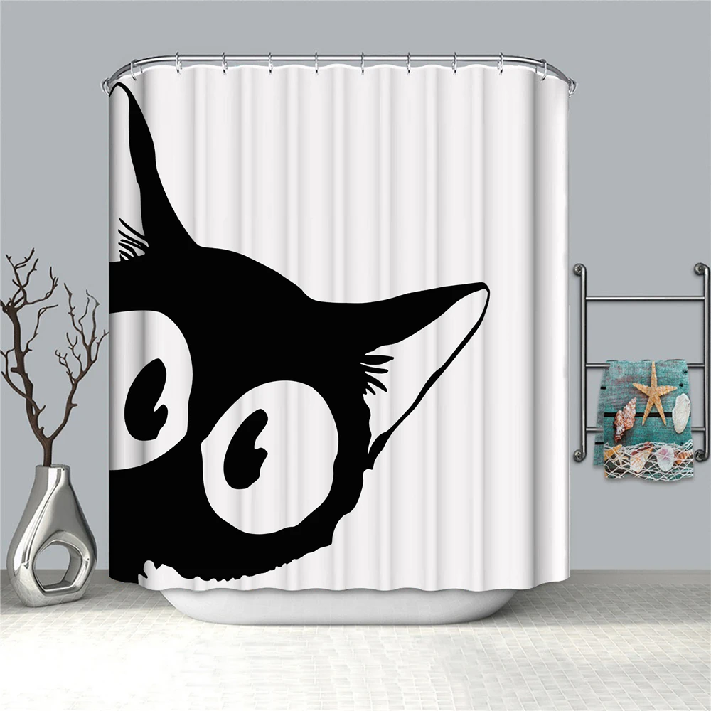 Cute Animal Black Cat Bathroom Shower Curtains Bath Screens Polyester Waterproof  Fabric Funny Curtain Home Decor Cortinas Hooks