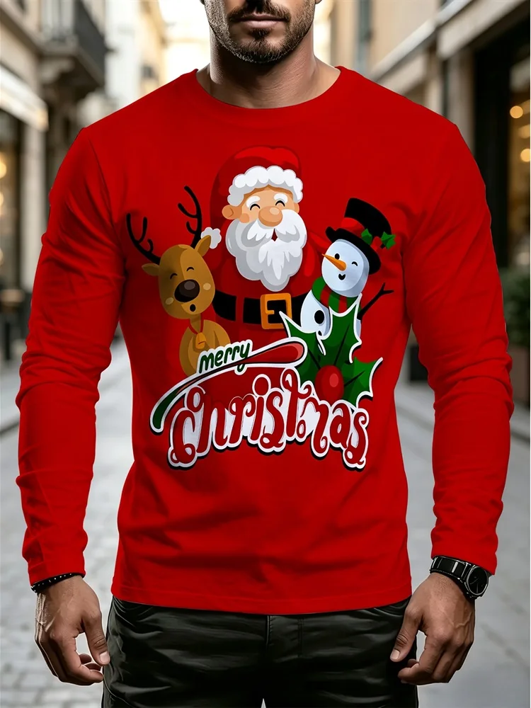 Men's Christmas Santa Claus Reindeer Snowman Holly Berry Long Sleeve T-Shirt Red Graphic Tee Pullover Tops Gift Xmas Holiday