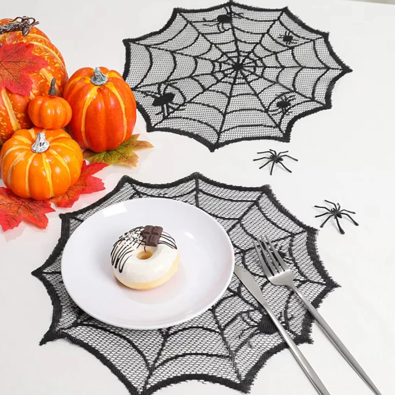 Diameter 30cm Halloween Tablecloth Black Placemat Disposable Spider Table Runner Halloween Decoration Set