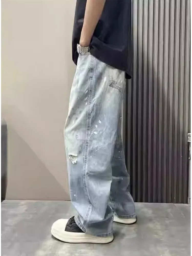 

Retro Men's Loose Wide Leg Jeans Spring Summer New Sle fiti Paint Splatter Hole und Length Straight Tube Pants
