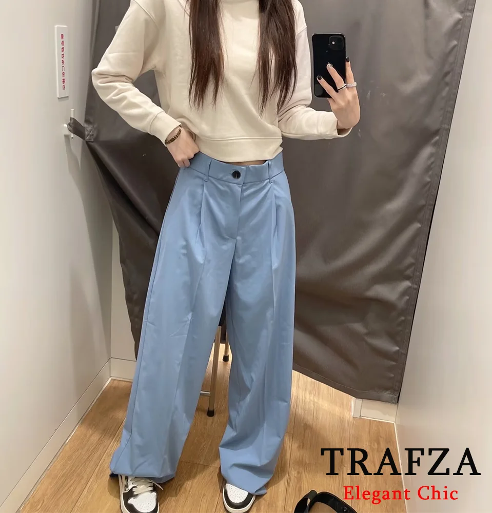 TRAFZA-Women Fashion High Waist Trousers Front Pleats Solid Casual Pant New 2024 Spring Fall Stylish Classic Versatile Trousers