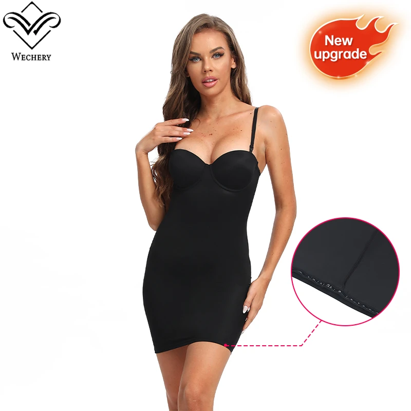 

Wechery Black Slip Dress Sheath Flat Belly Woman Body Shaper Shapewear Chest Support Cup Upgraded Non-slip Hem