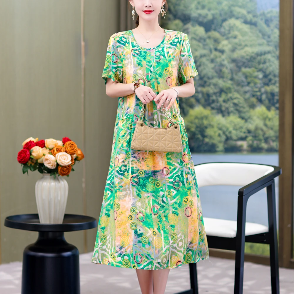 New Fashion Casual 2023 Summer Dresses For Women Vintage Short Sleeve O-Neck Printing Loose Floral Dress Women Clothes