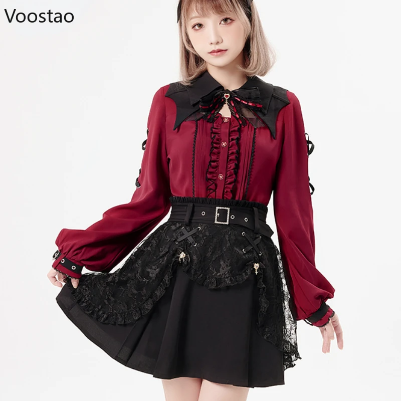 Harajuku Gothic Lolita Shirt Japanese Y2k Aesthetic Bow Lace Hollow Out Bat Collar Long Sleeve Blouse Women Elegant Clothes Tops