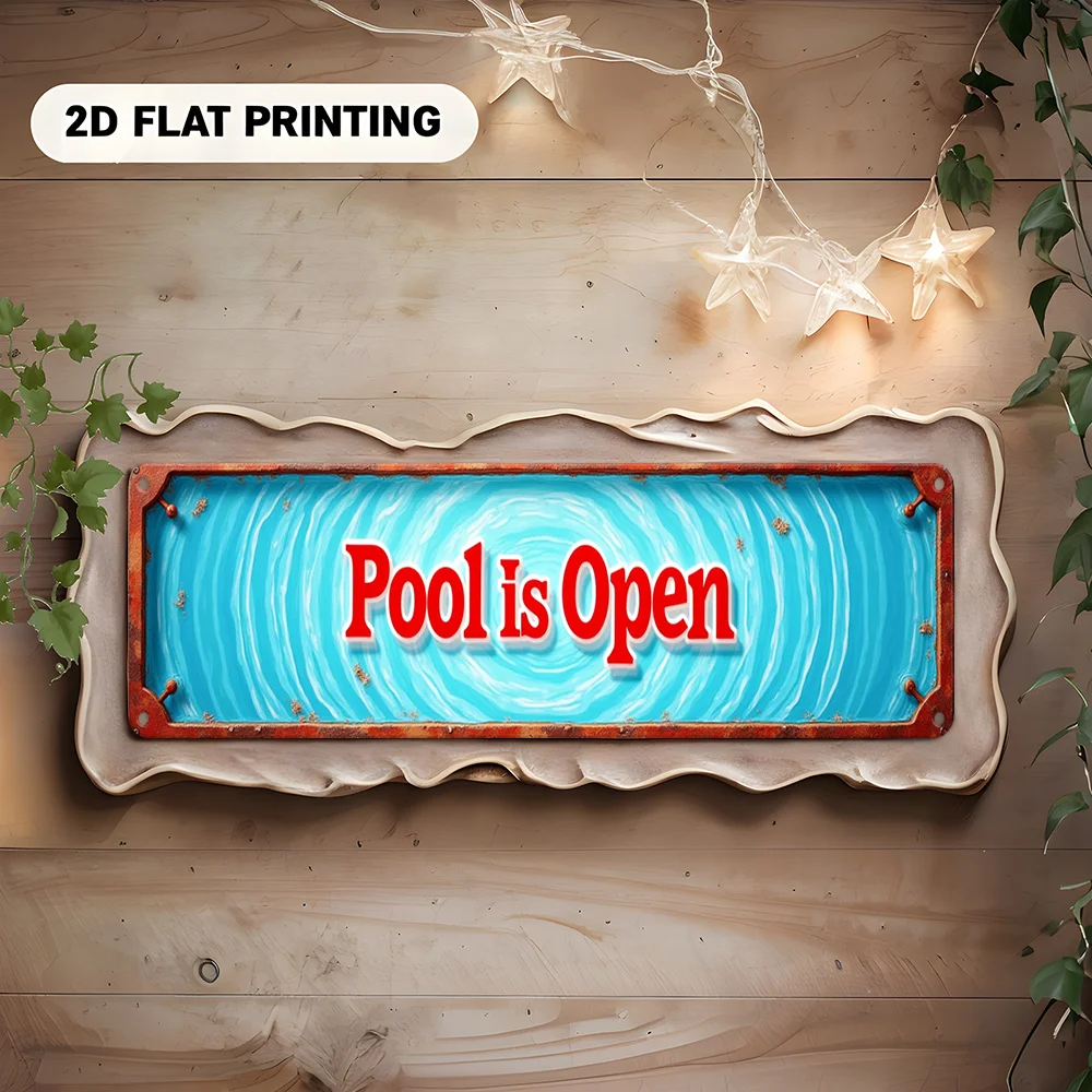 Letrero Metálico Decorativo con Diseño de Piscina en 2D, Estilo Retro, Color Turquesa y Azul Óxido, con el Texto Rojo 'Piscina Abierta', Ideal para Bares