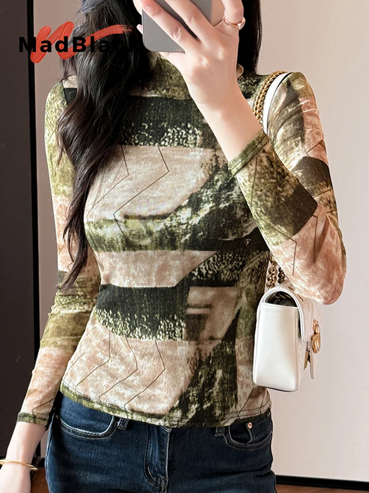 

MadBlack-Женская европейская футболка, сексуальная водолазка с геометрическим принтом, клубная одежда, тонкая сетчатая футболка с длинными рукавами S-3XL, осень 2021, T5O312CC