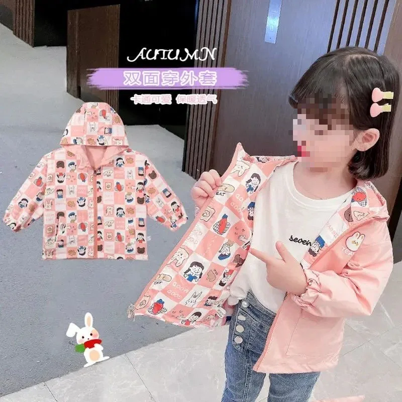 Girls Double faced Coat Spring and Autumn Children Baby Cartoon Hooded Coat Western Style Children Clothes Rush Clothes