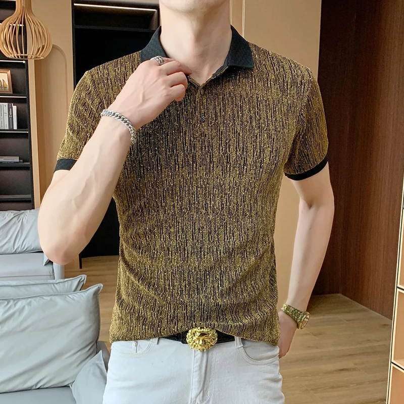 Summer Golden Thread Rhinestone Polo Shirt for Men Slim Fit Short Sleeve Casual T-shirt Business Social Polos Men Clothing 2026