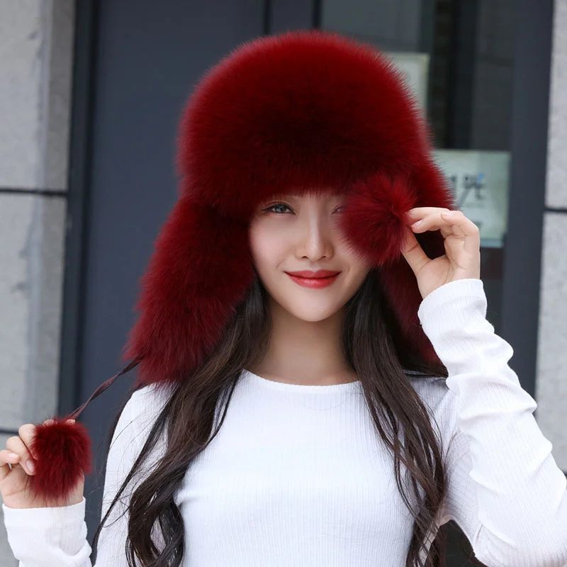 New 100% Real Fox Fur Hats Women\'s Russian Ushanka Aviator Trapper Snow Skiing Hat Caps Earflap Winter Raccoon Fur Bomber Hat