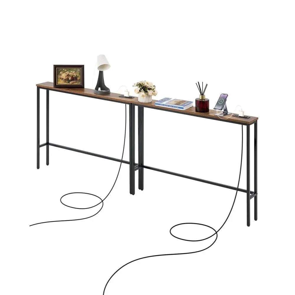 

Narrow Console Table 2-Pack for entryway Shelf with Power Outlet and Charge Station Metal Frame for Living Room Hallway