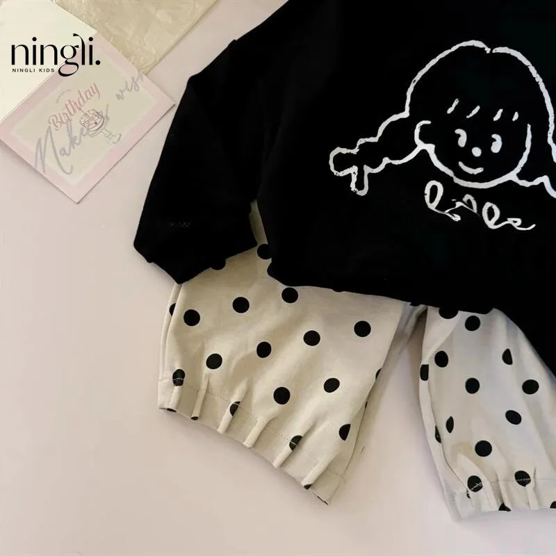 Girls\' Autumn Cartoon Sweater Suit Korean Style Loose Polka Dot Pants Baby Girls\' Polka Dot Bloomers Wide Leg Pants