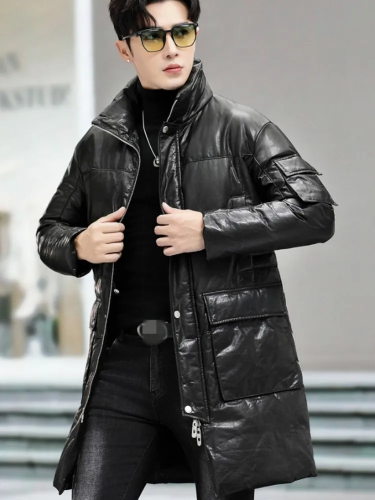 New Mens Down Coat Winter Middle Length Stand Collar Zipper Windproof Warm Cowhide Genuine Leather Jacket Male Casual Overcoat